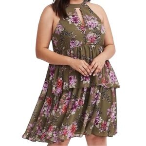 Torrid Women’s Olive Floral Chiffon‎ Ruffle High
Neck Sleeveless Dress  Sz 0(12)